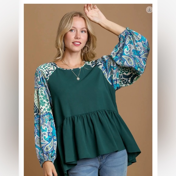 Umgee Hunter Green Floral Sleeve Top. Various Sizes. R0740. - Picture 3 of 3